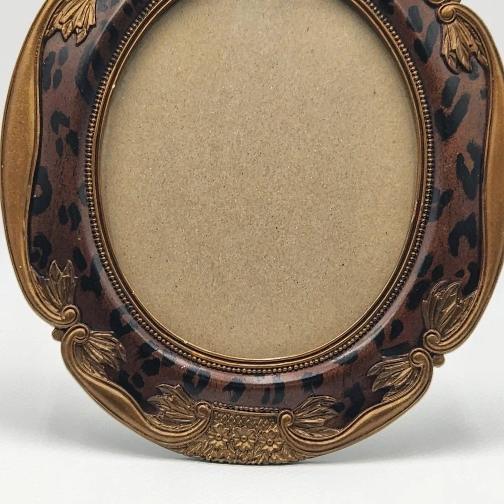 Victorian Style Leopard Print Resin Oval Picture Frame Ornate Gold Tone Accents